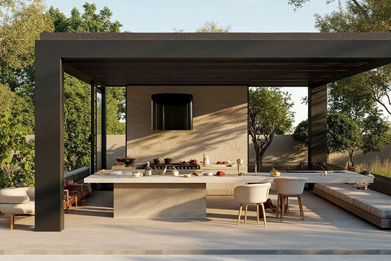 Pérgola bioclimática de aluminio con lamas orientables instalada por VENTANA EXPERT