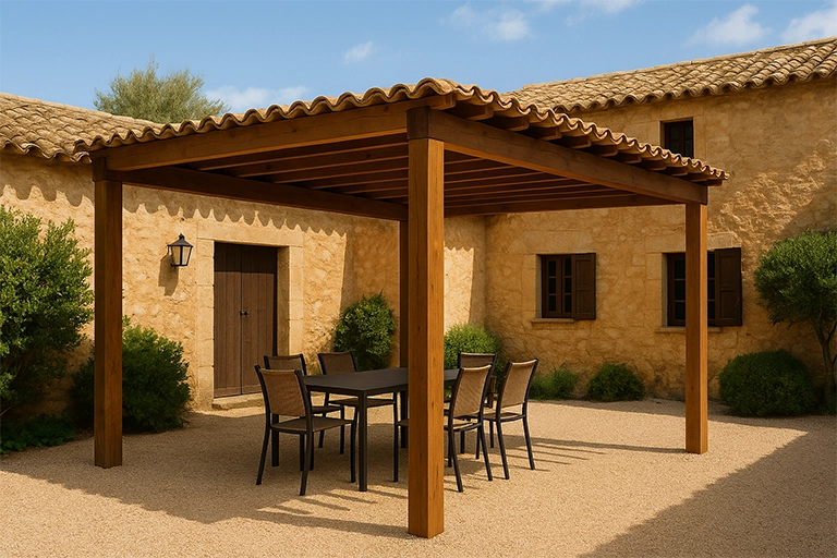 Pérgola bioclimática moderna con lamas orientables y mobiliario blanco en terraza residencial