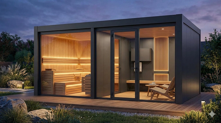 Sauna independiente en el jardín instalada bajo pérgola de aluminio por VENTANA EXPERT