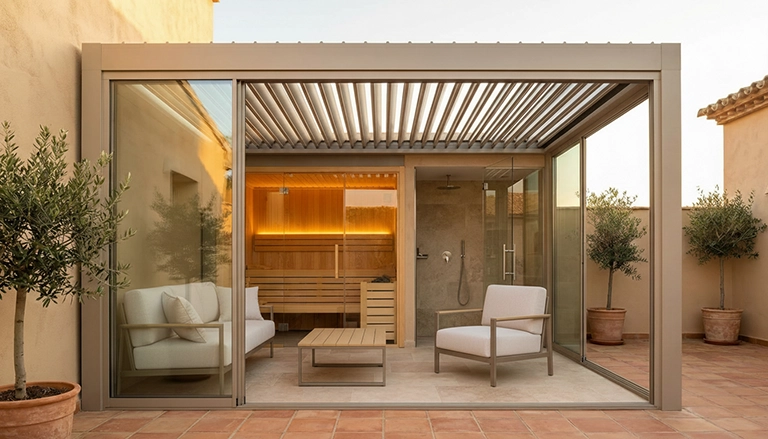 Sauna independiente en el jardín instalada bajo pérgola de aluminio por VENTANA EXPERT