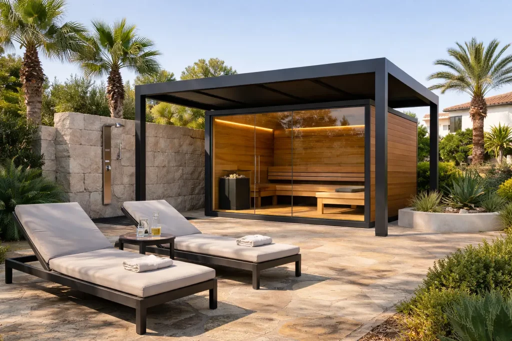 Sauna exterior bajo pérgola metálica en jardín de vivienda en España, con zona de descanso y diseño moderno
