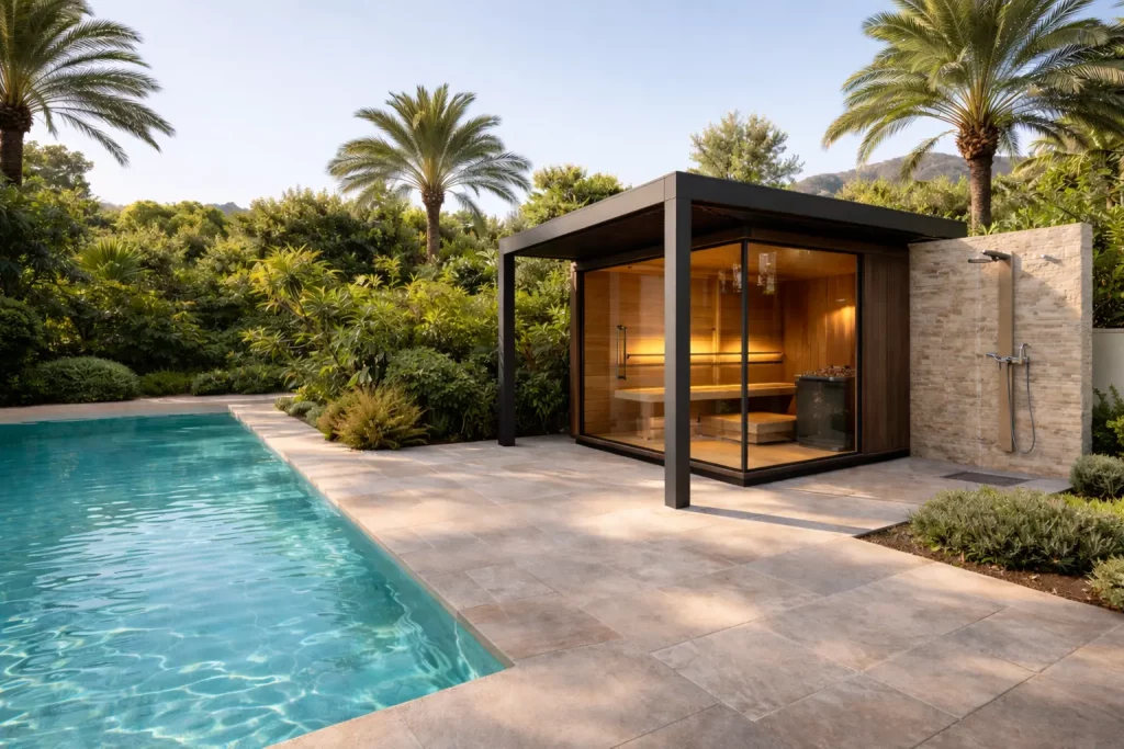 Sauna exterior bajo pérgola metálica en jardín de vivienda en España, con zona de descanso y diseño moderno