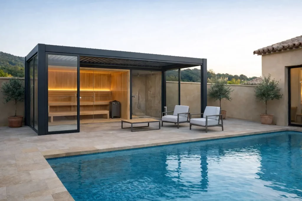 Sauna exterior bajo pérgola metálica en jardín de vivienda en España, con zona de descanso y diseño moderno