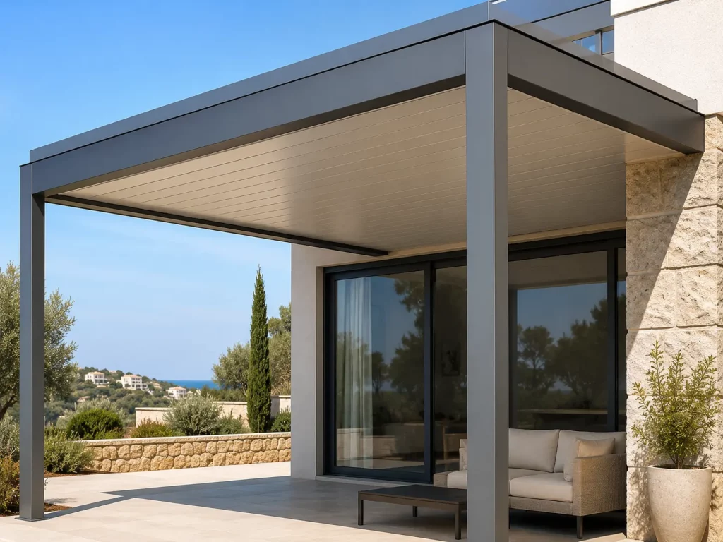 Pérgola fija de aluminio con cubierta de panel sándwich para terraza exterior