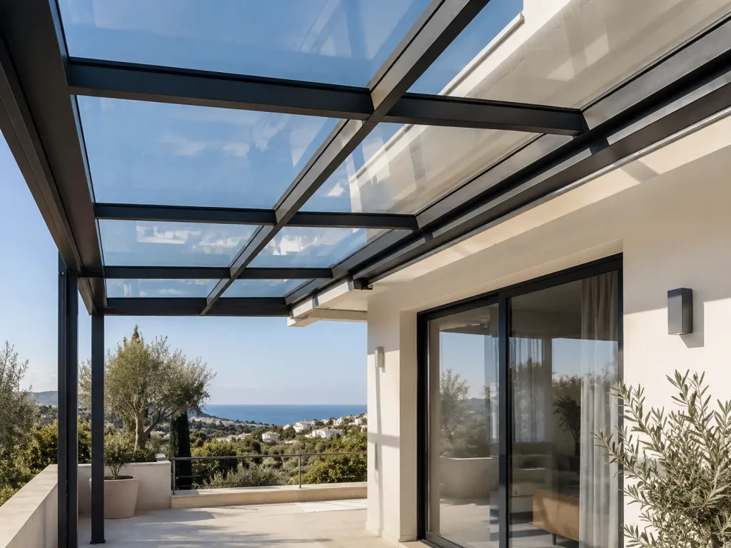 Pérgola fija de aluminio con cubierta de vidrio para terraza luminosa