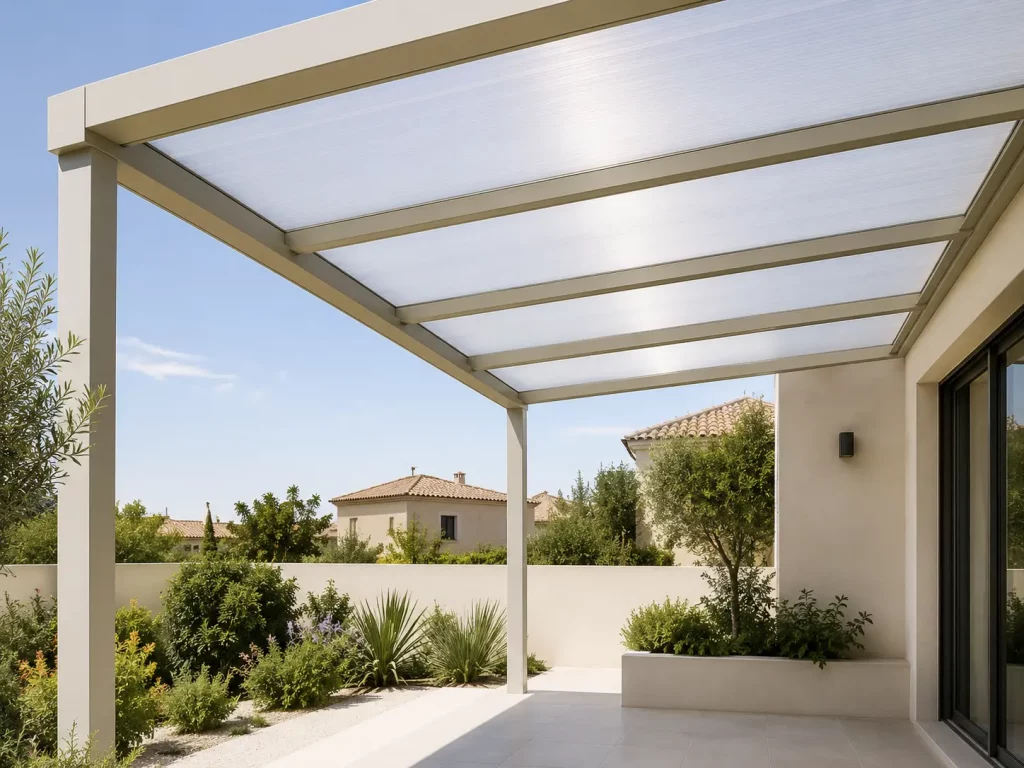Pérgola fija de aluminio con cubierta de policarbonato para terraza y jardín