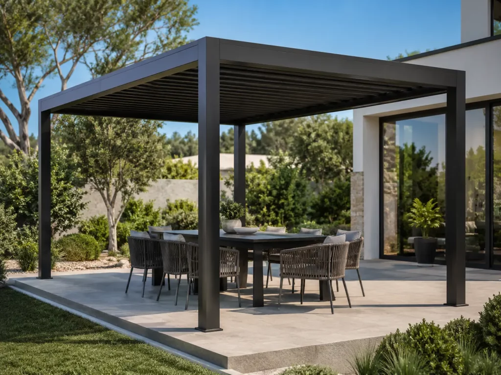 Pérgola fija de aluminio con lamas cerradas para sombra en terraza moderna