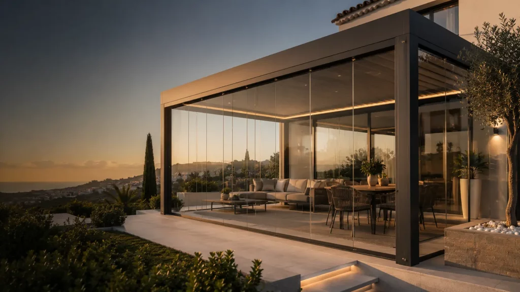 Cortinas de cristal en terraza moderna con pérgola y vistas al atardecer
