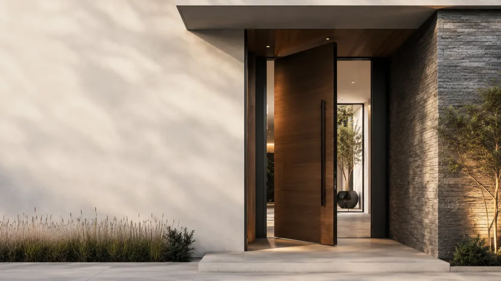 Puerta pivot de diseño en entrada moderna con vidrio y acabados premium