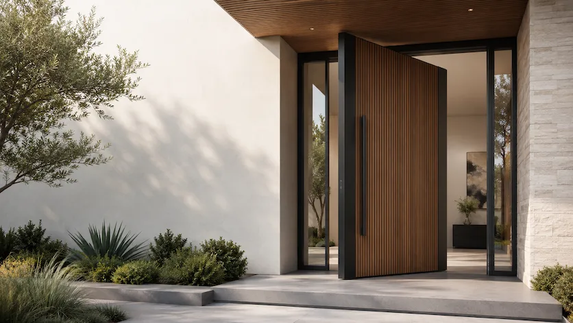Puerta pivot de diseño en entrada moderna con vidrio y acabados premium