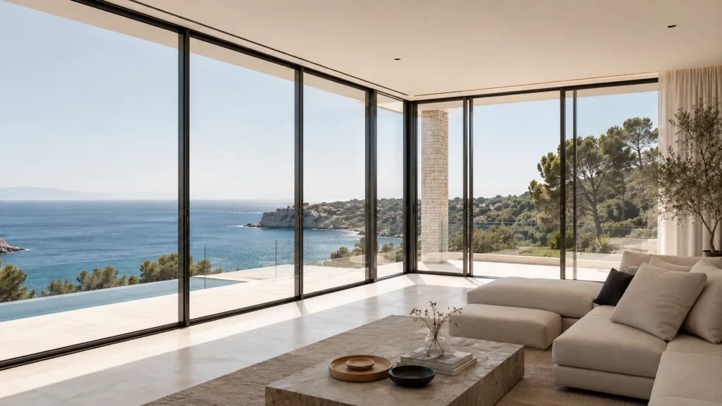 Ventanas de aluminio de gran formato en una vivienda moderna con terraza
